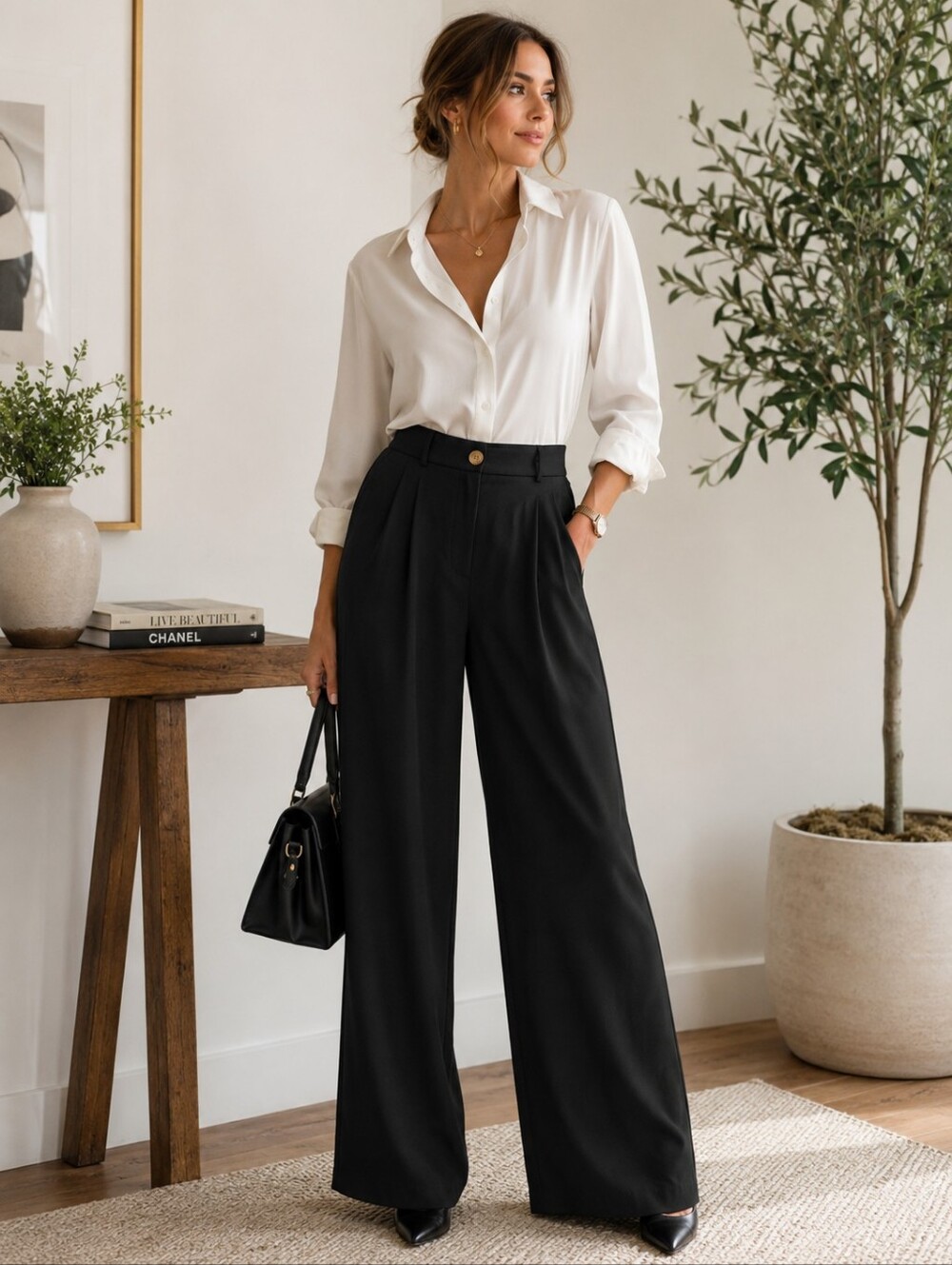 NWT LILLUSORY Trouser Pants Womens Medium Black Wide Leg High Rise Minimalist